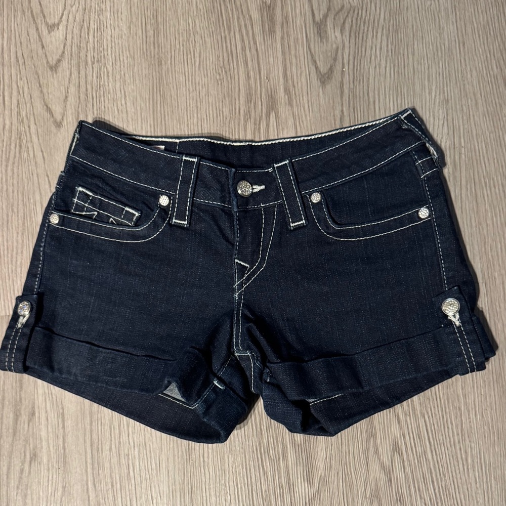 True Religion Dark Blue Denim “Jess Glitz and Glam” Cuffed Shorts NWOT